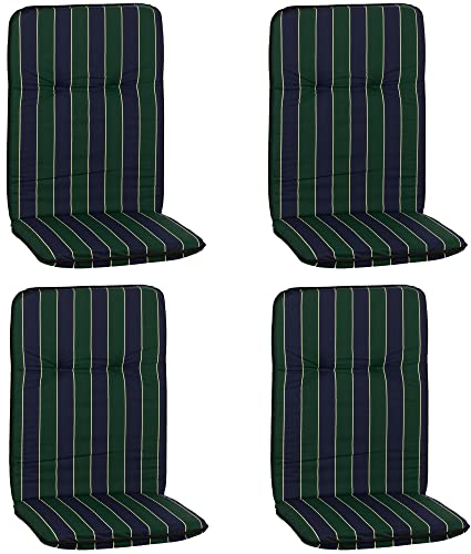 NYVI Hochlehner Auflagen Hawaii 4er Set - 114x47 cm Blau Dunkelgrün Gestreift - Gartenmöbel Auflage mit 5 cm Polster und Gummi-Halteband