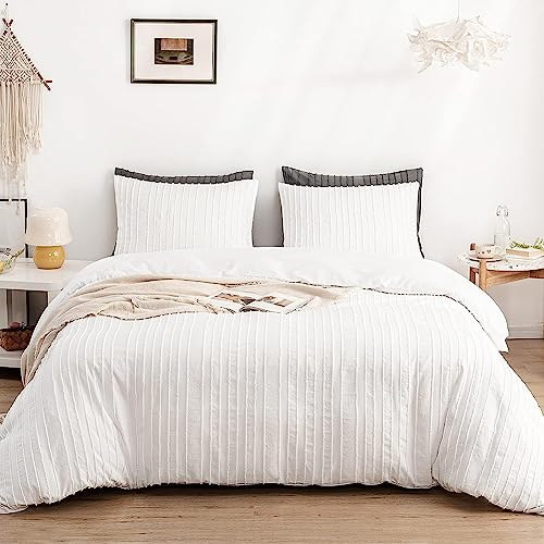 AShanlan Boho Bettwäsche 200x200 Weiß Getuftet Stickerei Gestreift Bohemian Style Bettbezug Super Weich Gewaschene Microfaser Wendebettwäsche Set mit Reißverschluss und 2 x Kissenbezug 80x80 cm
