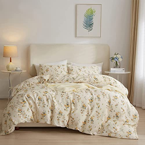 AMWAN Bettbezug mit botanischem Blumenmuster, Doppelbett, schick, gelbe Blumen, Bettbezug aus 100% Baumwolle, für den Garten, Vintage-Bettwäsche-Set, 1 Doppelbettbezug mit 2 Kissenbezügen