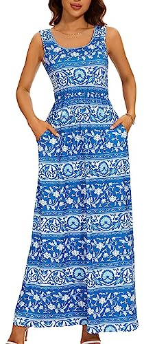 Maxikleider Damen Sommer mit Taschen Blumenkleid Rundhalsausschnitt Boho Kleid mit Hoher Taille Sommerkleid Damen Lang A-Linie Strandkleid Freizeitkleider Festliche Kleider(Blau,L)