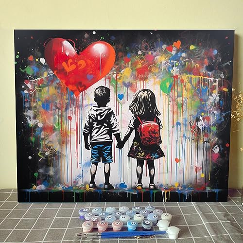 Walarky Banksy Two Little Playmates Kit de peinture à l'huile par numéro 40,6 x 50,8 cm pour enfants et adultes avec pinceaux et peinture acrylique Décoration d'intérieur sans cadre