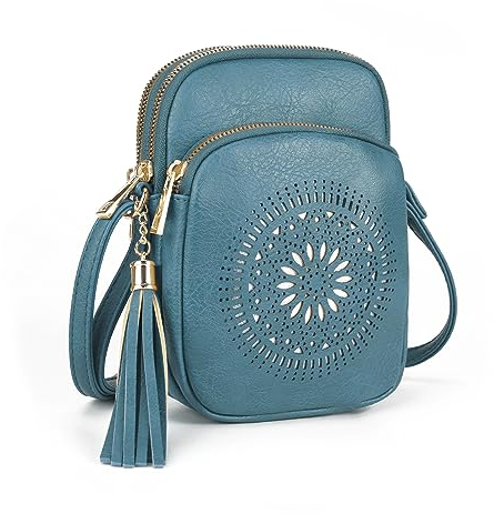 GLITZALL Sac à bandoulière pour femme, petit et multi-poches, avec pompon, poche pour téléphone portable, bleu
