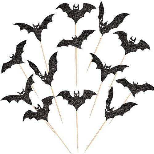 24 Stück Halloween-Fledermaus-Cupcake-Aufsätze, schwarzer Glitzer, Fledermaus, Halloween-Cupcake-Picks für Halloween-Thema, Babyparty, Kindergeburtstag, Party, Kuchen,
