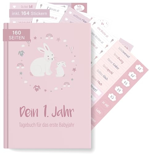 mintkind® Babyalbum Dein erstes Lebensjahr A5 Rosa + Sticket Set | Baby Fotoalbum zum Selbstgestalten | Baby Geschenk für Mädchen und Junge | Babybuch zum Eintragen | Baby Buch ab 0 Monate