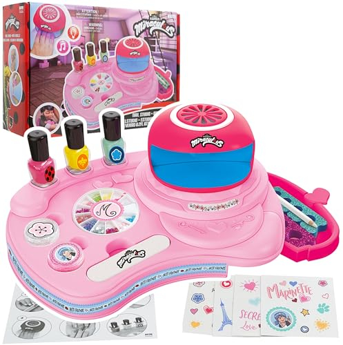 Miraculous -Ladybug - Maniküre-Set für Kinder - Nagelstudio mit Aufbewahrungskoffer, Nageltrockner, ungiftigem abziehbarem Nagellack, Marinette-Aufklebern für die Geburtstagsfeier