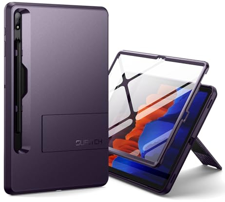 SURITCH Funda para Samsung Galaxy Tab S7 FE 2021/S8 Plus 2022/S7 Plus 2020 12.4, Cubierta de Parachoques Resistente con Protector de Pantalla y Parada de Patada Ajustable y S Pen Poseedor-Púrpura
