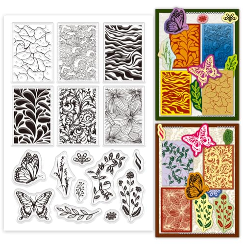 PH PandaHall Retro Texture Clear Stamps Blume Clear Stamps Schmetterlinge Silikonstempel Pflanzen Gummistempel Transparent Clear Stamp Seal Für DIY Scrapbooking Kartenherstellung