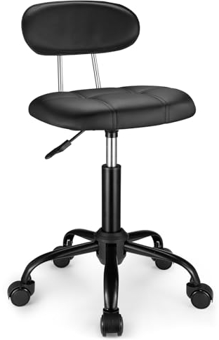 FNZIR Taburete Cuadrado con Respaldo, Altura Regulable, Taburete Giratorio sobre Ruedas, cojín de Piel sintética Negro