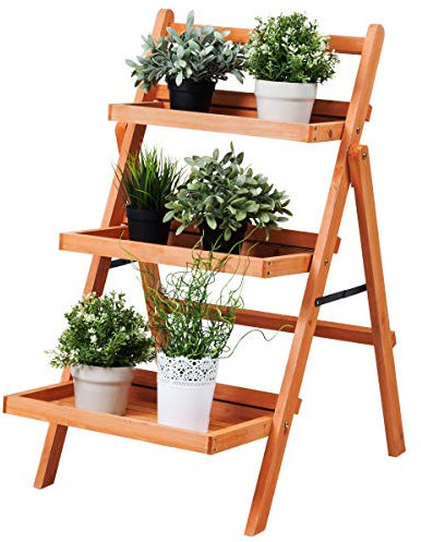 COSTWAY 3-Tier Plant Stand, Folding Ladder Flower Shelving Unit with Step Design, Indoor Outdoor Wooden Pots Display Rack Holder for Living Room Backyard Balcony Garden Patio