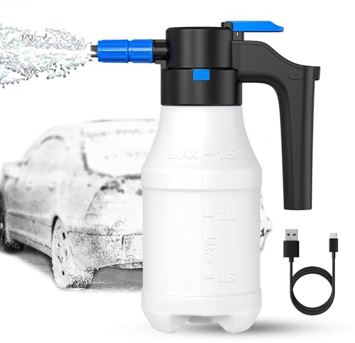 DKIIL NOIYB Pulverizador de espuma eléctrico con USB y batería de 2300 mAh, pulverizador eléctrico de 1,5 l, para lavado de coches, gran angular de 75°, botella de spray para casa, jardín, cuidado del