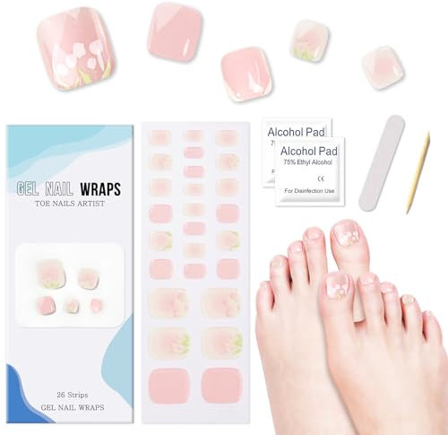 26Pcs Semi Cured Gel Toenail Strips, Self-Adhesive Toe Nail Polish Stickers Full Nail Wraps Pedicure Strips Salon Quality, Nail Art Decals for Women Girls Manicure DIY Nail Art (Tulip Elegance)