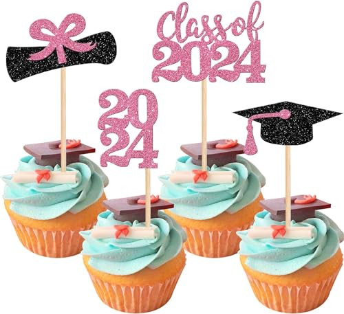 36 Stück Class of 2024 Tortendeko 2024 Abschluss Cupcake Toppers Glitzer Graduation Diploma Grad Kuchen Deko for 2024 Jungen Mädchen Abschluss Thema Party Kuchen Dekoration Schwarz Rosa