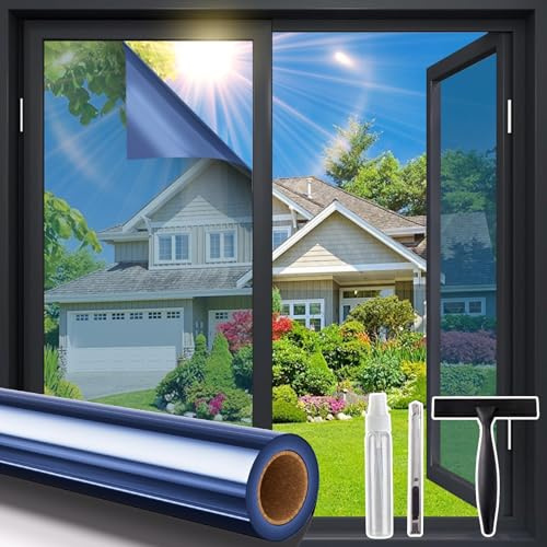 Coavas Window Privacy Film One Way, Window Tint for Home, Daytime Reflective Mirror Glass Windows Coverings Heat UV Blocking See Out Not in, Blue, 17.5 x 78.7 Inch
