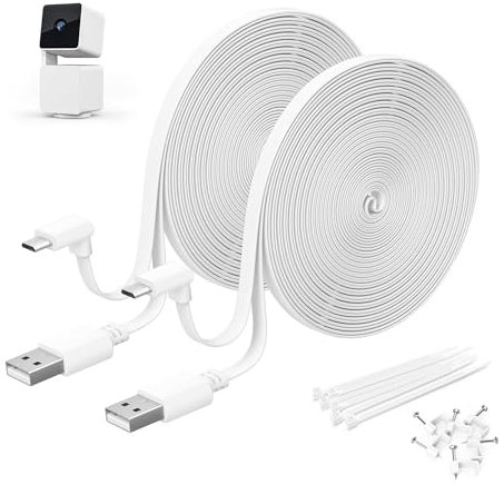 Itramax for WYZE Cam Pan V3 Power Cable 6M 2Pack,Micro USB Extension Cord 90 Degree Power Adapter L-Shaped Long Flat Charging for Cam Pan V3 Outdoor Camera No Support Data Transfer,White 15 25 30 FT