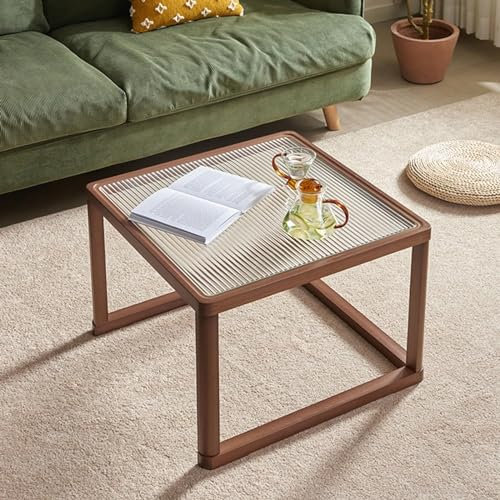 MYVVKIA Table d'appoint de canapé avec Plateau en Verre, Table d'appoint carrée avec roulettes, Table de Chevet en Bambou, Petite Table de canapé, Table Basse gigogne, Table cen