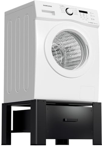 Ikodm Waschmaschinen Untergestell mit Schublade bis 150kg, waschmaschinen-erhöhung, Waschmaschinen-Unterschrank Sockel max. Stahl Podest 62.5x54.5x32.5cm, Schwarz