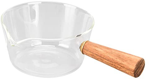 Olla de vidrio para leche, cacerola de vidrio transparente, sartén de vidrio con mango de madera, boquilla en forma de V, fideos, sartén de leche, accesorio de cocina para ensalada mixta de leche