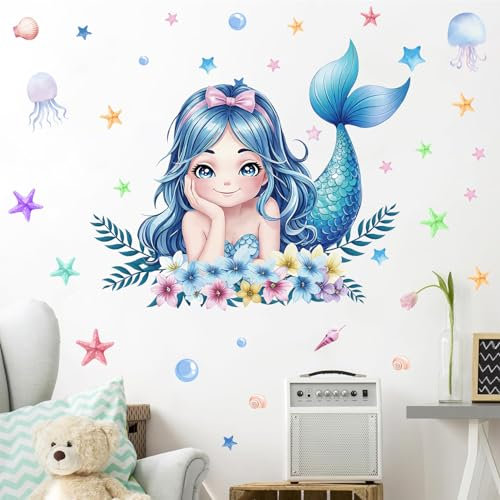 ANHUIB Meerjungfrauen Wandaufkleber Wandtattoo Meer Bunte Wandsticker Kinderzimmer Mädchen Wandtattoo Unter Dem Meer Wandaufkleber Unterwasserwelt Wanddeko für Babyzimmer Schlafzimmer Badezimmer