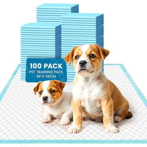 Puppy Training Pads 100 Pack - Ultra-Absorbent Dog Wee Toilet Mats | INDOOR POTTY SOLUTION: incontinence · housebreaking · odour control · waterproof backing · adhesive strips · medium size
