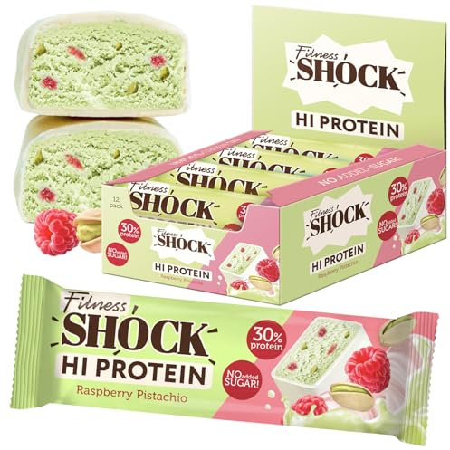 FitnesSHOCK High Protein Bars, 12g Protein, Low Carb, No Added Sugar, Low Calorie 138 Kcal, 5g collagen, Fiber-Rich, Pistachio Raspberry Flavor 12x40g