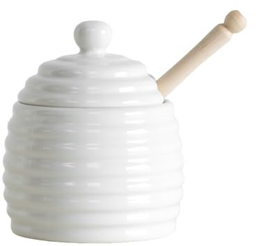 Darthome Beehive Ceramic Honey Storage Pot with Wooden Dipper Jar Container Drizzler (White)