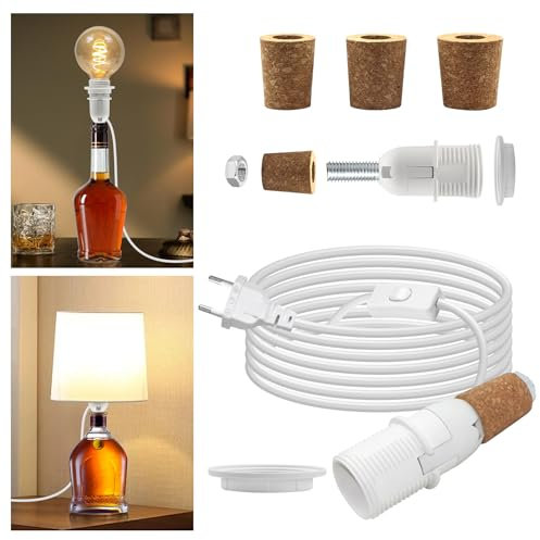 Kit Lampe Bouteille, E14 Adaptateur Bouteille pour Douille de Lampe, Support Lampe Bouteille avec Interrupteur et Cable 240 cm, 3 Tailles de Bouchons, pas D'ampoule, Abat-jour, pour Chambre Bureau