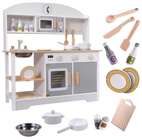 Cocina de Juguete de Madera. Cocinita Juguete Infantil para Niños +3 Años, con Horno, Fregadero, Microondas, Placa de Cocción y 12 Accesorios, Juego Educativo (72x68x26cm)