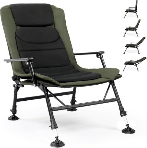 Outopee Foldable Fishing Chair, Outdoor Camping Garden Reclining Padded Chair with Adjustable Height, Rotating Feet for Patio Hiking/Beach/Picnic, 160kg Capacity