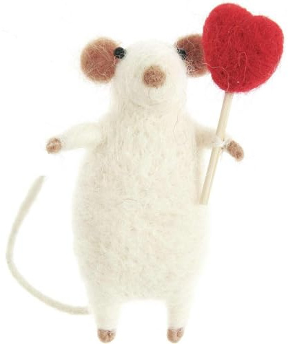 Filz-Maus mit rotem Herz, Weiß, 8 x 7 x 6,5cm