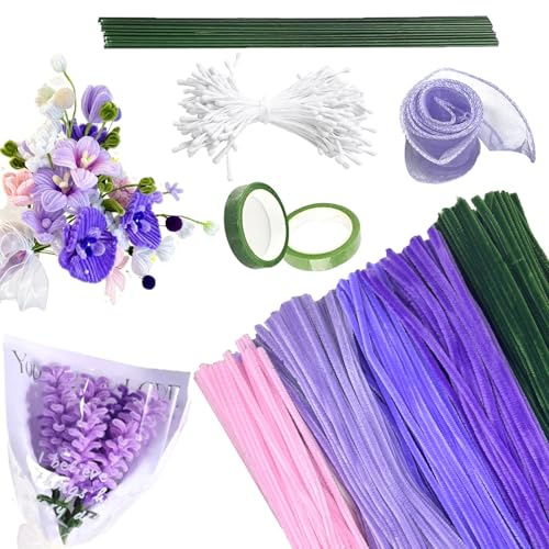 pangdapengpeng 400 Pezzi Scovolini Pipa Ciniglia Steli Set per Fai da Te | 5 Colori Viola Bastoncini Decorativi in Ciniglia con Filo Floreale, Nastro, Stame per Fatto a Mano