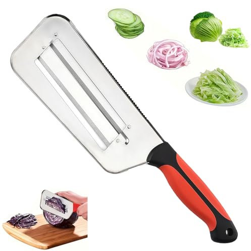 Multifunctional Vegetable Cutter, Stainless Steel Dual Blade Julienne Cutter for Cabbage, Carrots & Potatoes, Ergonomic Kitchen Shredder with Non-Slip Base(Red-A)