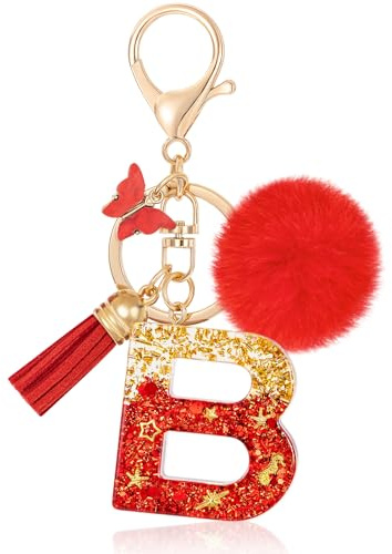 MWOOT Initiale Letter Keychains Porte Clé Lettre,Alphabet Initial Keyring avec Papillon Pompon Pendentif,Rouge Feuille D'or Key Ring pour Femmes Portefeuilles Sac à Main Bagages Charme