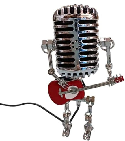 PAGJHRFJG Microphone Lamp - Lamp Head Vintage Metal Microphone Robot Desk Lamp Retro Style Household Ornaments Red & Silver