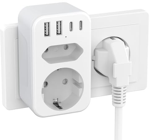 Doppelstecker für USB Steckdose, JSVER Steckdosenleiste 2 Fach Netzstecker, Steckdosenadapter (3680 W, 16 A) Mehrfachstecker mit 2 USB-A und 2 USB-C für iPhone, iPad und Tablets(Weiß)