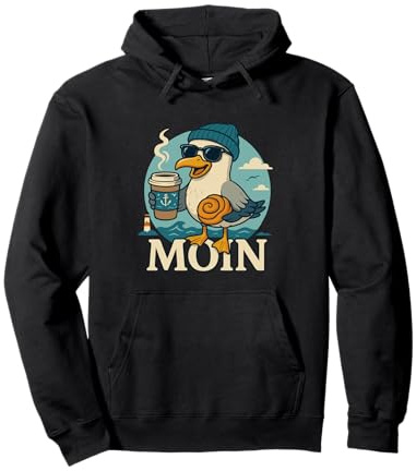 Moin Möwe mit Kaffee und Franzbrötchen Pullover Hoodie