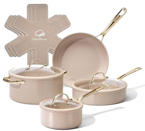 Chef Power Ceramic Cookware Sets, 10Pcs Pots and Pans Set Non Stick, Cookware Set with Stainless Steel Handle, Dishware & Oven Safe, Taupe and Light Gold Handle
