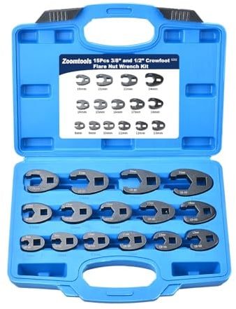 Zoomtools 15pcs 3/8” 1/2” Crows Foot Spanner Set,8-24mm Open End Drive Metric Chromium-Molybdenum Alloy Crowfoot Flare Nut Wrench Kit