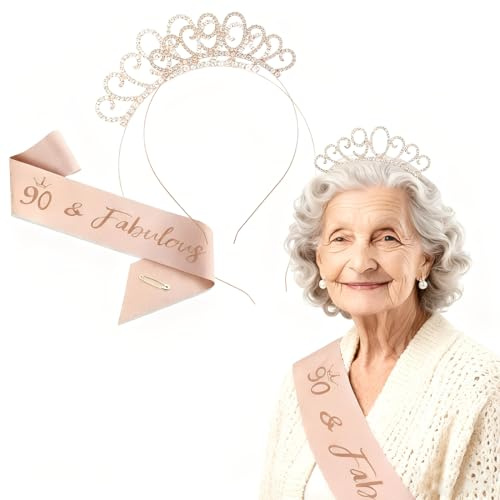 THQAE 90 Geburtstag Krone und Schärpe, Krone 90. Geburtstag Frauen, 90.Geburtstag Tiara Roségold,krone 90., für Geburtstagsgeschenk Partyzubehör