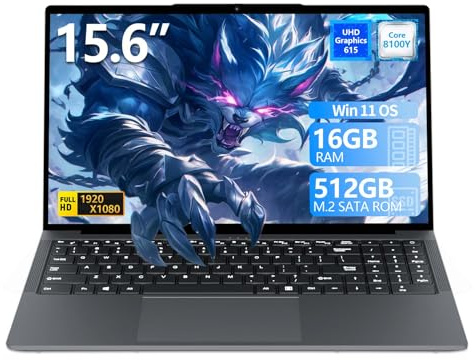 PC Portatile 15.6 Pollici, Win 11 Notebook Core I3-8100Y CPU, Notebook 16GB RAM 512GB SSD, Laptop 1080P IPS FHD Schermo, Portatile con Type-C+TF Card Slot+Mini HDMI+USB3.0+Mini-HDMI+BT5+Webcam+WIFI5