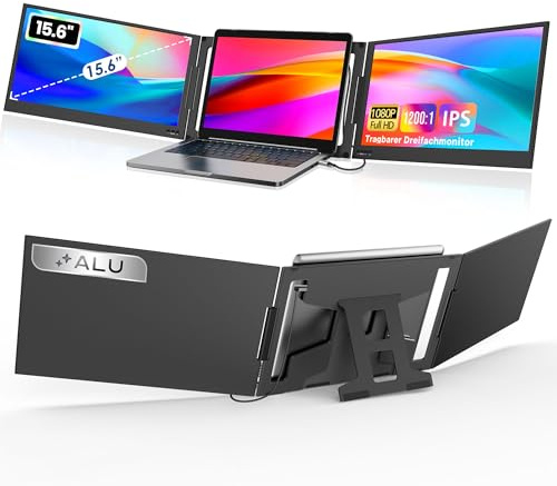 KPKUE 15,6 Zoll Laptop Bildschirm Erweiterung mit Alu-Standfuß - Treiberlos | 1080p FHD Entspiegelt Display, Mehr Arbeitsfläche, Multi-USB-C mit Ein-Kabel-Lösung, Langlebiges Alu-Gehäuse-nur für Windows