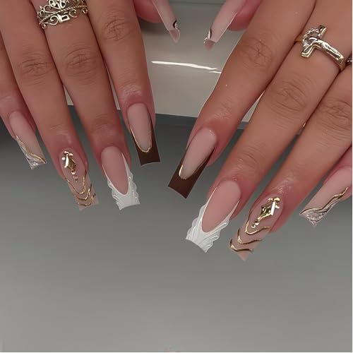 Zosutetoxo 24stück Braune Press On Nails: Lange Quadratische French Tip Nägel zum Aufkleben mit Herbstlichen Streifen, Matt Acrylnägel Vollständige Abdeckung