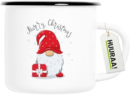 Huuraa Emaille Tasse Merry Christmas Wichtel Geschenk | 300ml Becher Weiß mit Schwarzem Rand Vintage Campingbecher Geschenkidee Kaffeetasse als Wohnwagen Zubehör Campingtasse