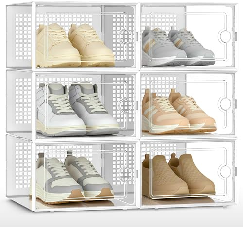JUPPLIES Cajas de Zapatos Transparentes - Zapatero Plastico Apilable con Apertura Frontal, Ventilación y Sistema Antivuelco, Organizador de Zapatos con Montaje Fácil sin Herramientas (Pack de 6)