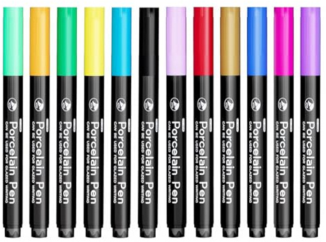 12 Farben Porzellanstifte Spuelmaschinenfest Keramik Glas Wasserfest | Acrylstifte Set Malen, Bemalen Tassen Geschirr, Glasmalstifte Farbe, ofenfest hitzebestaendig, schnelltrocknend Hobby