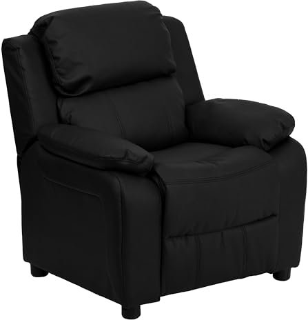 Flash Furniture Deluxe Padded Contemporary Kids Recliner with Storage Arms, Leather, Black, 66.04 x 53.34 x 53.34 cm