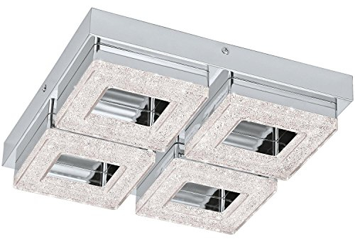 EGLO LED Deckenleuchte Fradelo, 4 flammige Deckenlampe, Wohnzimmerlampe aus Metall und Kunststoff in Chrom, Kristall in Klar, Schlafzimmerlampe eckig, LEDs warmweiß, L x B 28 cm