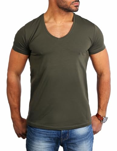 Young & Rich Herren Uni T-Shirt Basic mit extra tiefem V-Ausschnitt Slimfit deep V-Neck Stretch dehnbar 1315