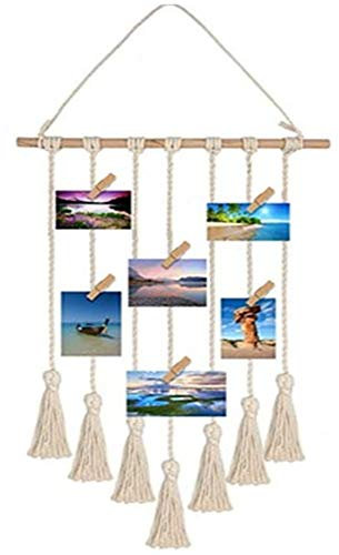HBYMYDA Hängende Fotoanzeige, Makrame Wandbehang Bilder Veranstalter Boho Home Decor mit 25 Holz-Clips für Wanddeko Beige