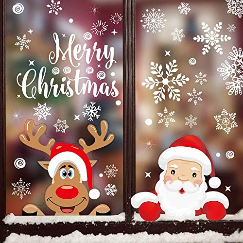 Fensterbilder Weihnachten,Jusduit 360 Stück Schneeflocken Fensterdeko Mit Weihnachtsmann Elch Abnehmbare Fensterbilder für Weihnachts,Winter Dekoration für Türen,Schaufenster,Vitrinen,Glasfronten