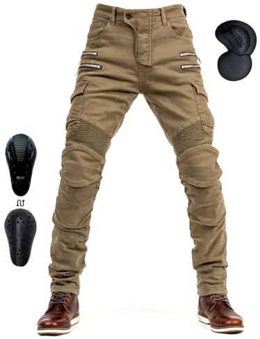 oFzimTo Motorrad-Jeanshose Für Herren, Sturzfeste Jeans Mit Geradem Bein Und 4 Arten Von Schutzausrüstung, Motorradhose Für Motorradrennfahrer (Khaki,2XL)